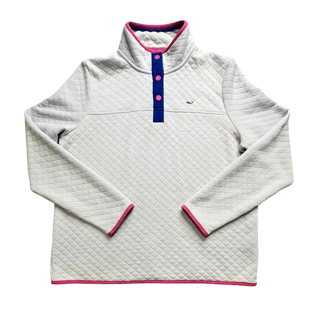 Vineyard Vines Pullover Womens Gray Quilted 1/4 Snap Mock Neck Whale Logo-Large